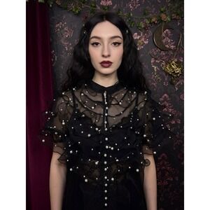 WoWo Blouse Womens Medium Black Sheer Pearl Ruffle Whimsygoth Witchy Victorian